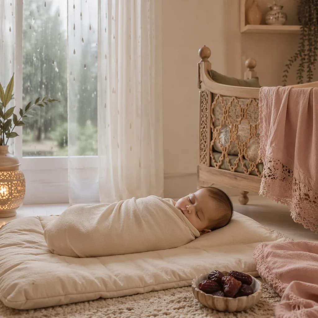 A peaceful Arabic-inspired nursery with a sleeping swaddled baby in soft natural light.