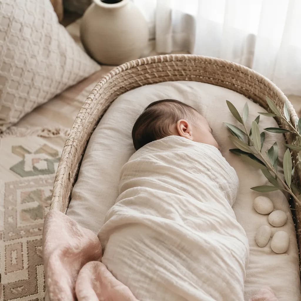 Peaceful Arabic-inspired nursery with a swaddled baby in soft natural light.