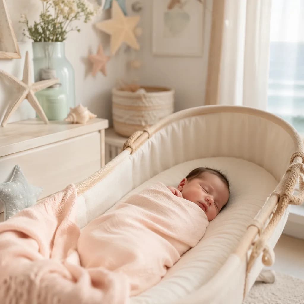 Sleeping newborn in a soft pastel nursery with subtle sea and star decor.