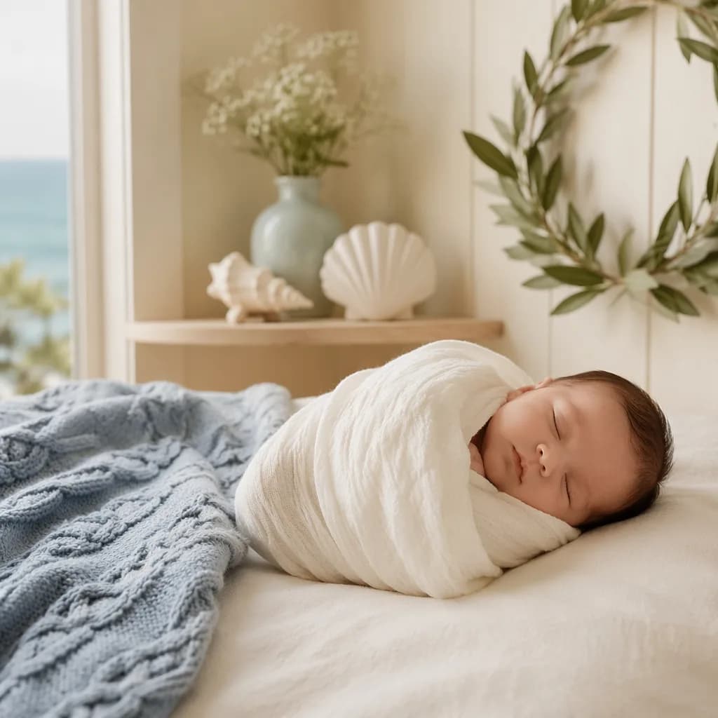 Soft pastel nursery scene with a sleeping swaddled baby, laurel wreath, and gentle ocean-inspired details.