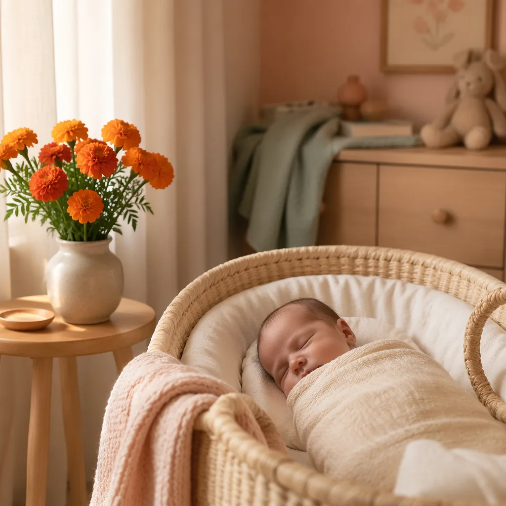 Cozy nursery with a swaddled baby and marigold flowers in warm soft light.