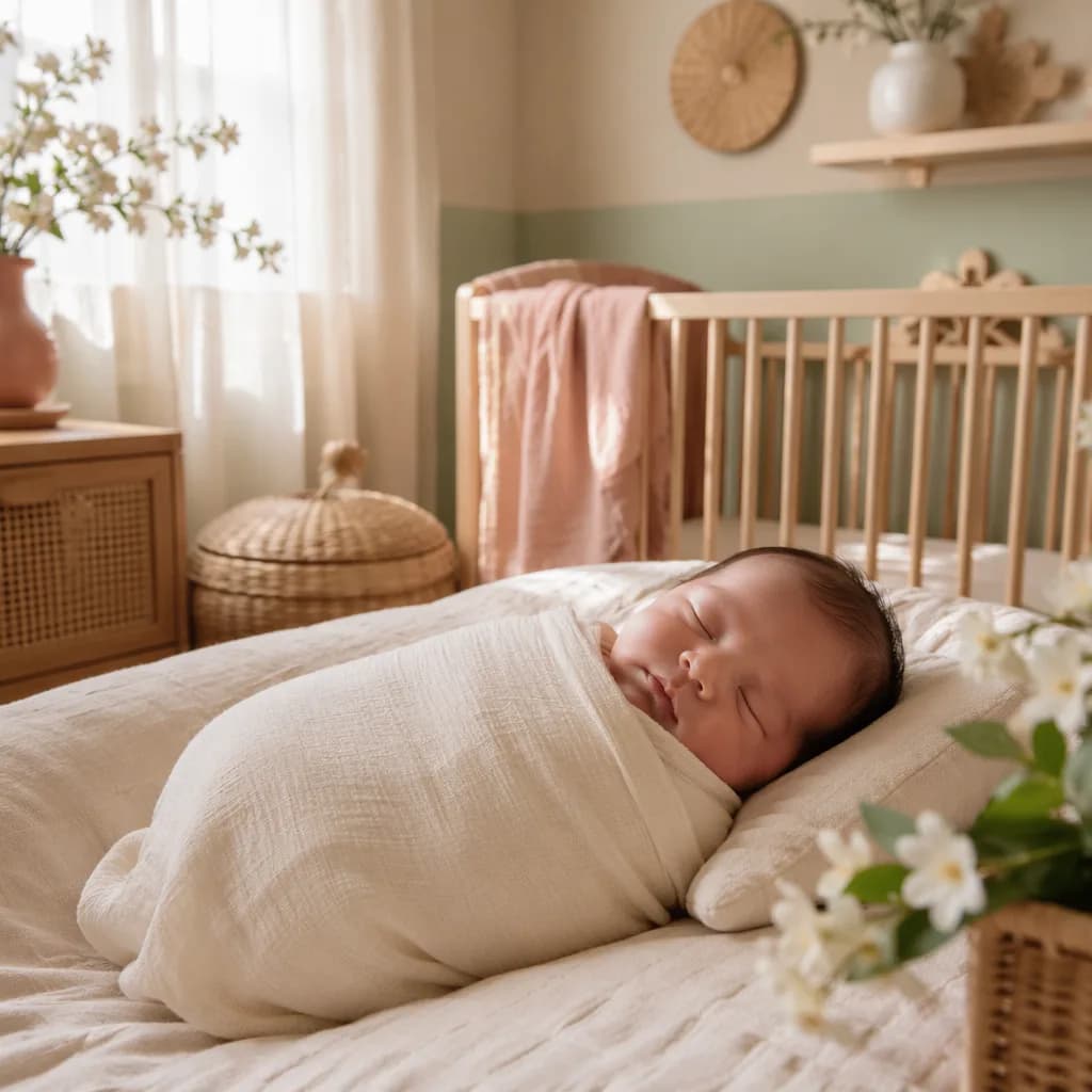 Sleeping newborn in a soft Filipino-inspired nursery with sampaguita flowers and pastel decor.