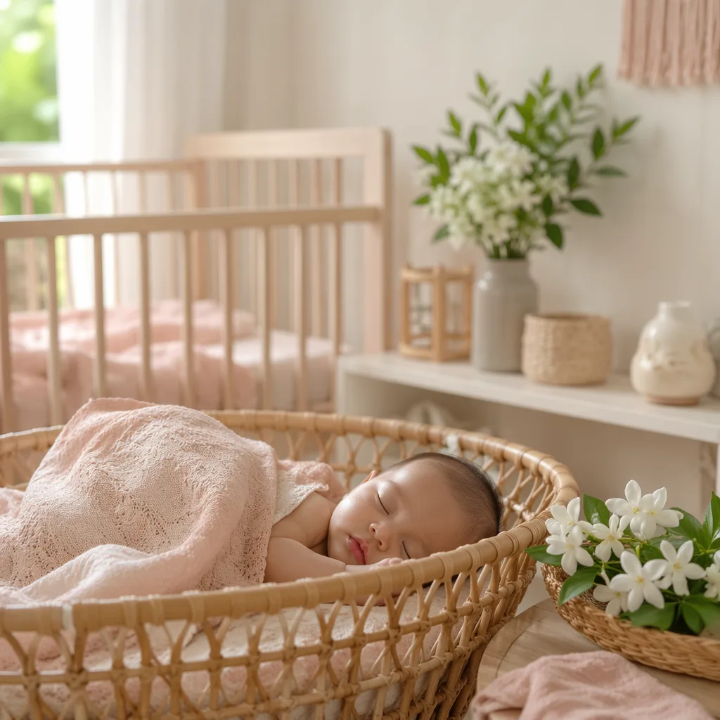 Soft pastel nursery scene with a sleeping baby, woven textures, and sampaguita flowers.