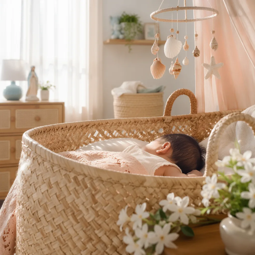 A peaceful Filipino baby sleeping in a pastel nursery with soft flowers and seashell details.