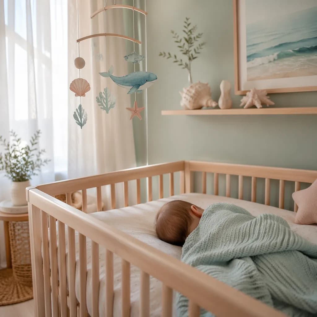 Soft coastal nursery with a sleeping baby and gentle sea-inspired decor.