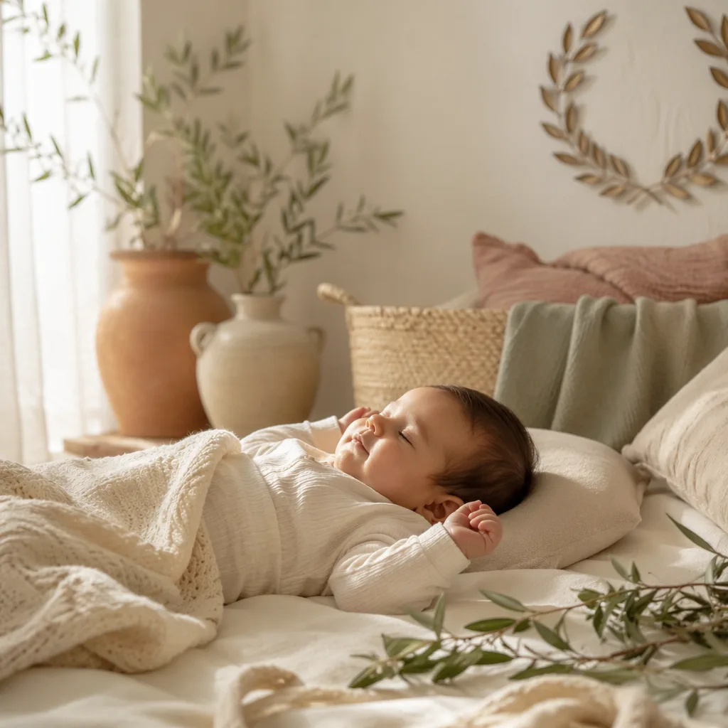 Peaceful baby in a soft Mediterranean-style nursery with laurel and olive accents.