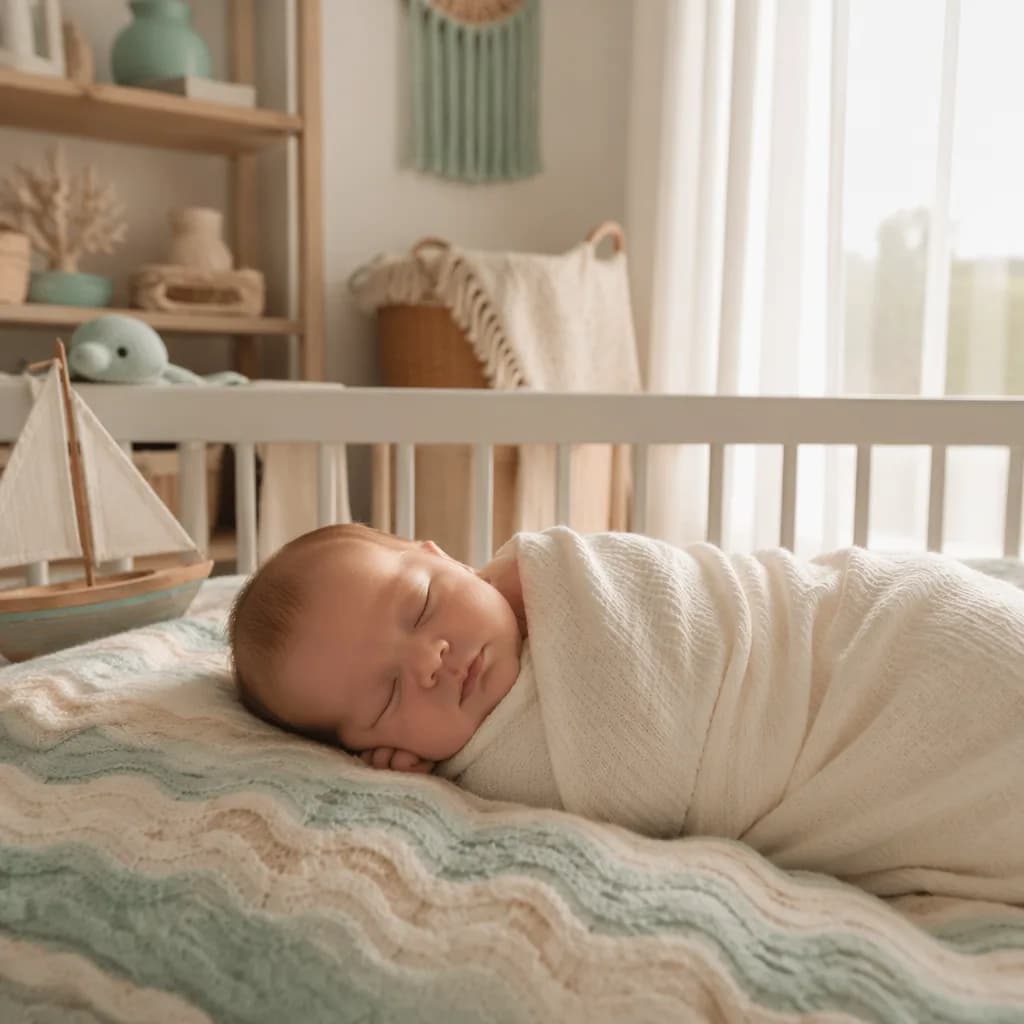 Cozy pastel nursery with a sleeping swaddled baby and gentle coastal sea-inspired accents.