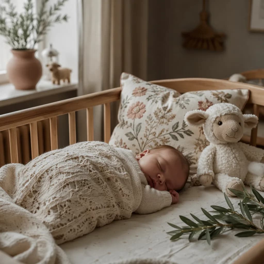 Soft pastel Russian-inspired nursery with a sleeping baby and a wool lamb toy.