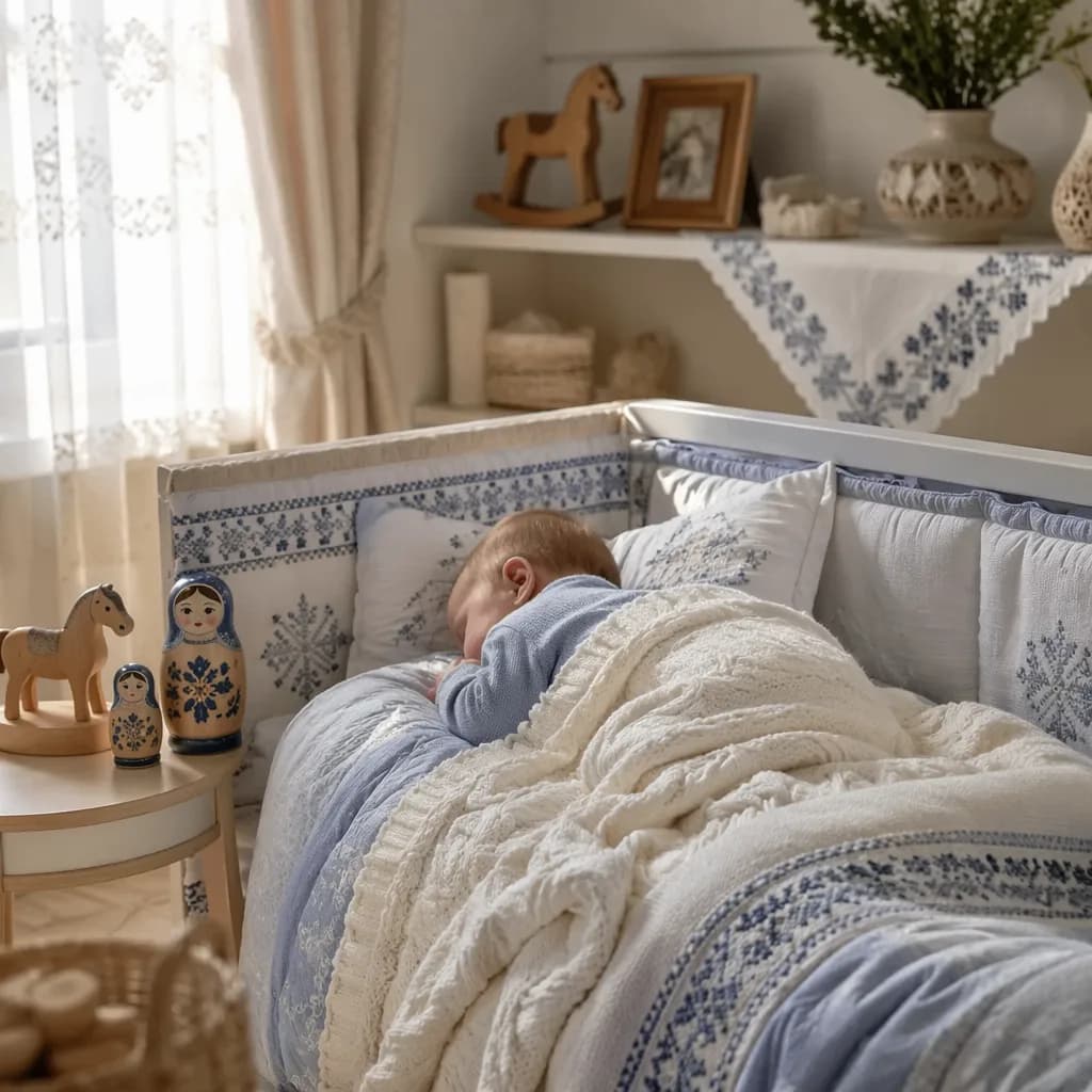 A peaceful newborn in a softly lit pastel nursery with cozy Russian-inspired details.