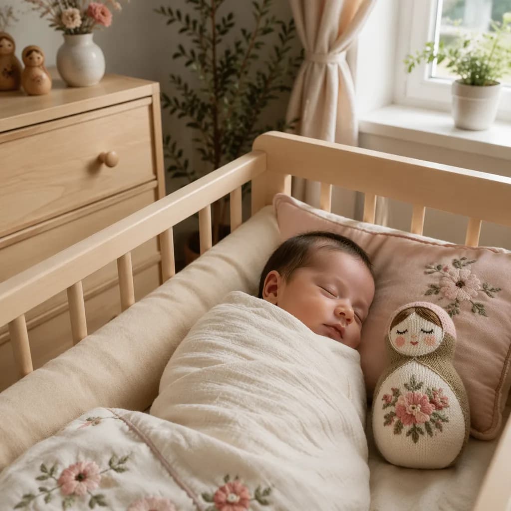 Sleeping swaddled baby in a cozy pastel nursery with subtle Russian-inspired decor.
