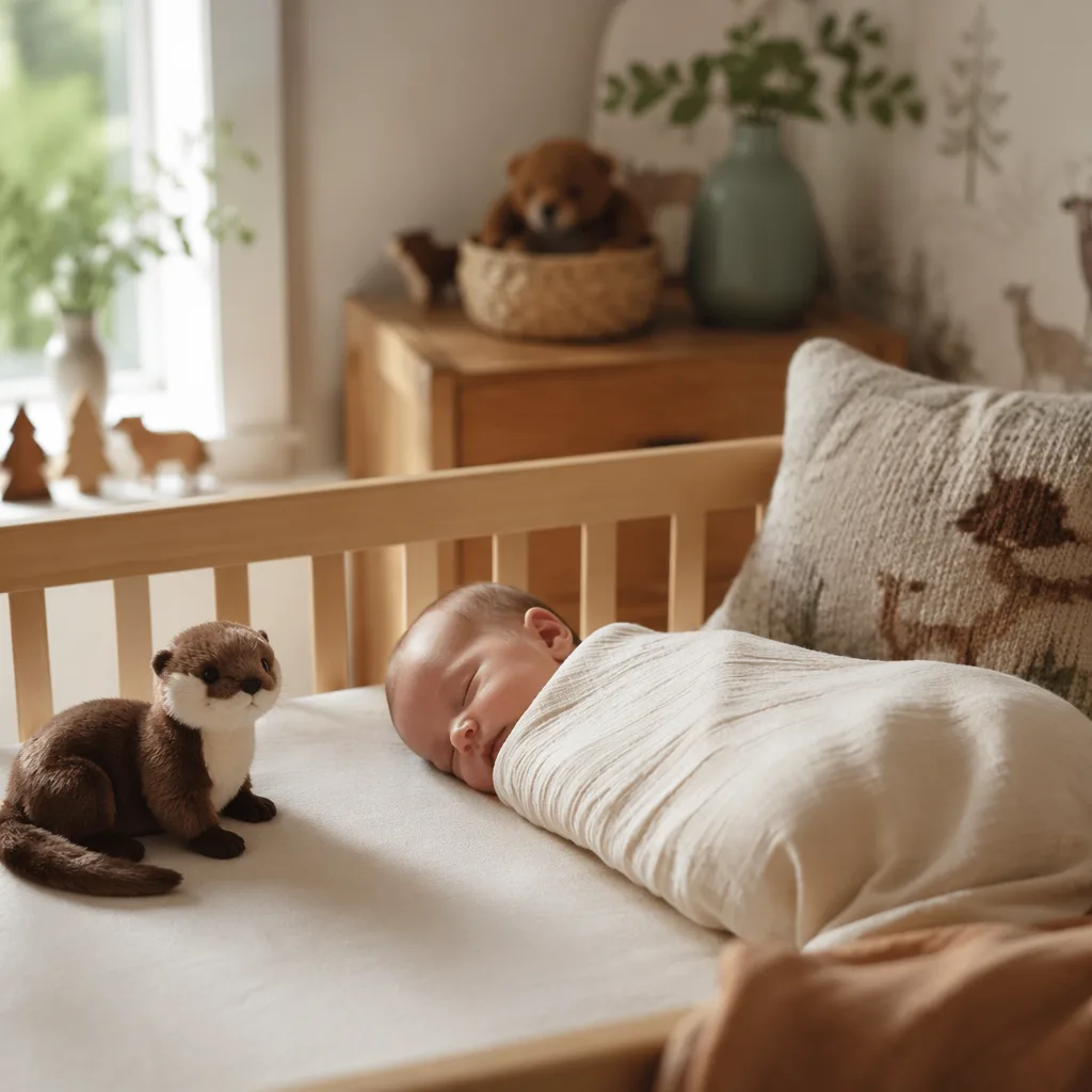 Sleeping baby in a cozy pastel nursery with a plush marten.