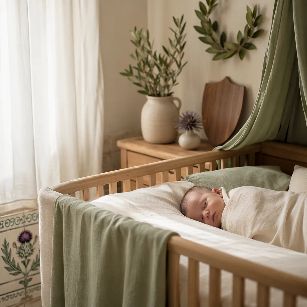 Sleeping baby in a warm Portuguese-inspired nursery with soft heritage symbols.