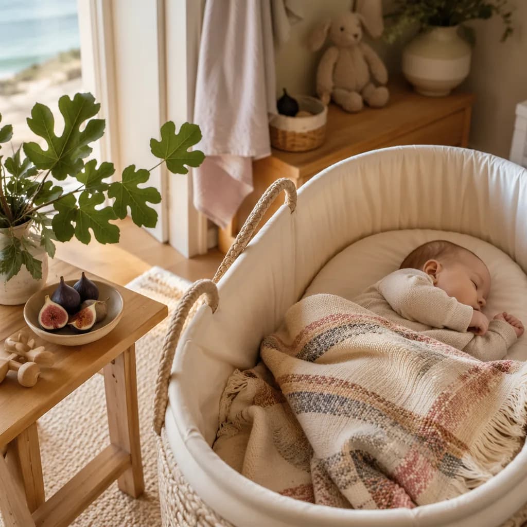 Peaceful Portuguese-inspired nursery with a sleeping baby, soft pastels, and a fig branch.