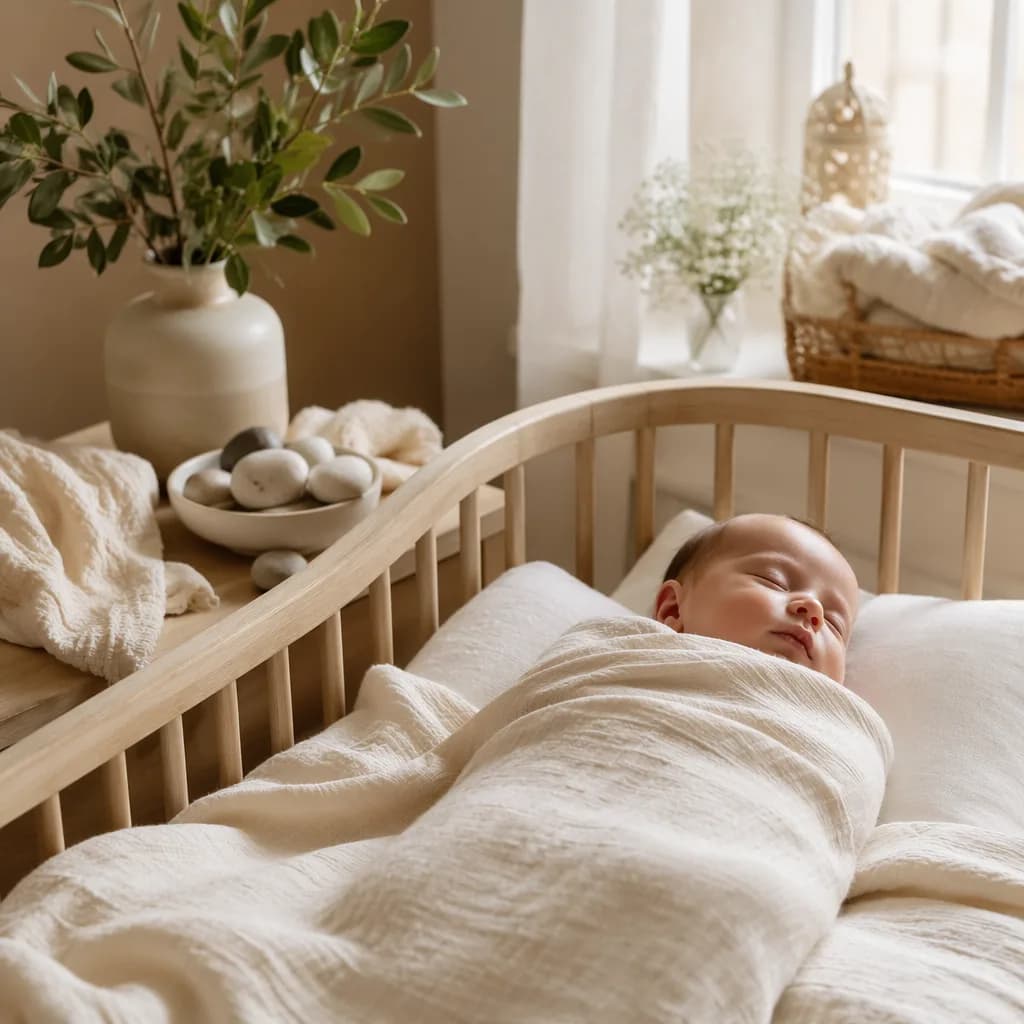 A peaceful pastel nursery with a swaddled baby, soft greenery, and pale stone accents.