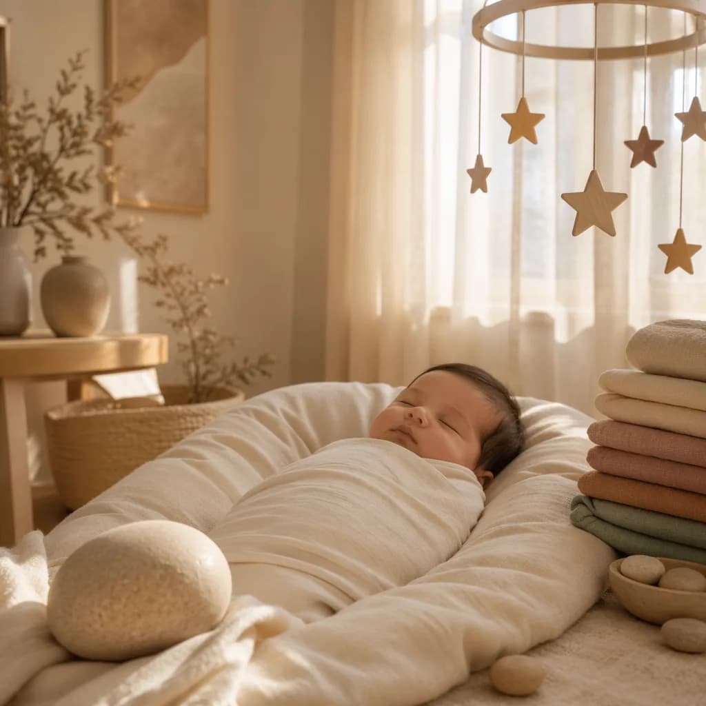 Sleeping swaddled baby in a soft Arabic-inspired nursery with stone, star, and dyed fabric accents.
