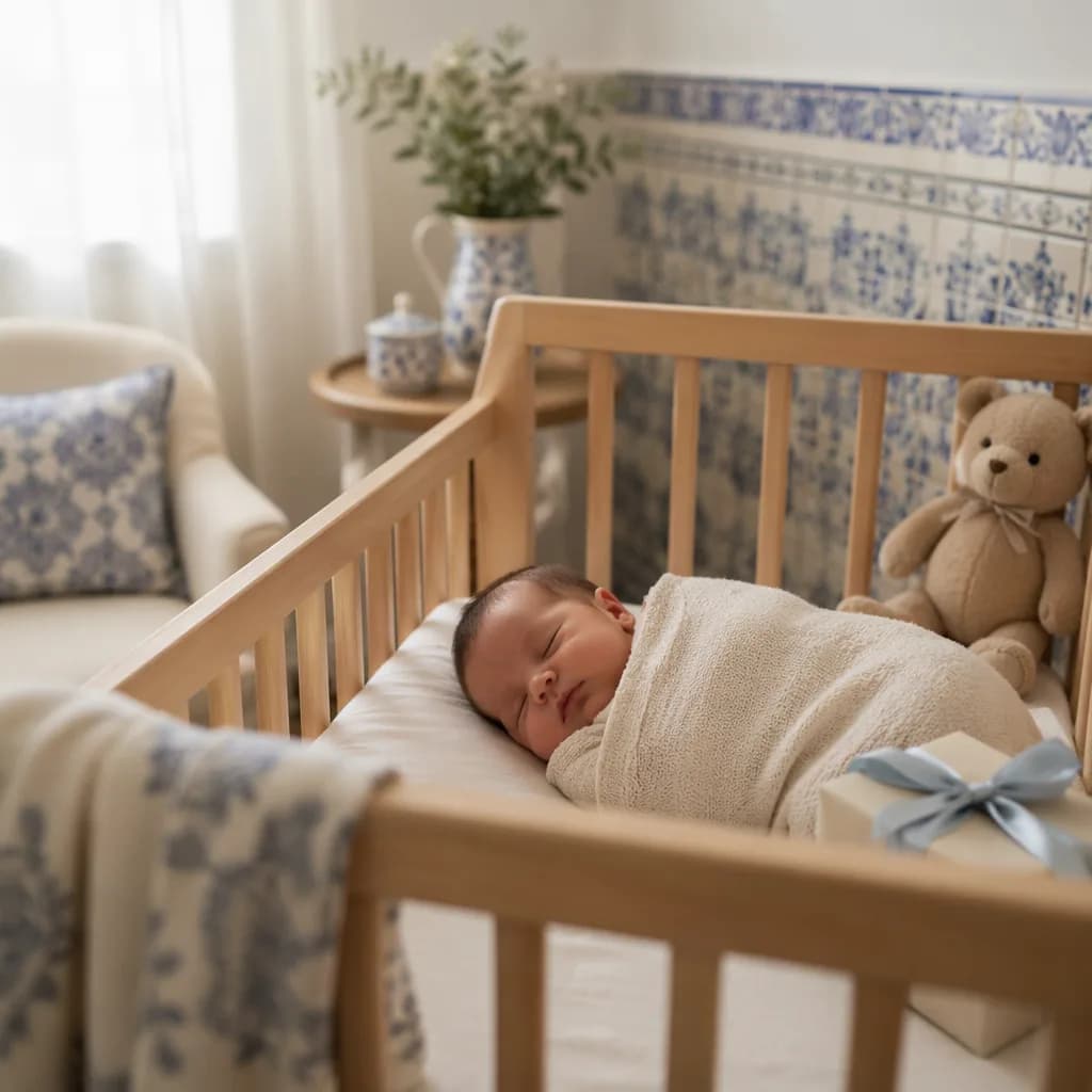 Sleeping baby in a cozy pastel Portuguese-inspired nursery with a plush bear and gift.