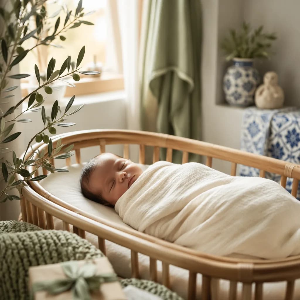 Peaceful swaddled baby in a soft Portuguese-inspired nursery with olive branch accents.