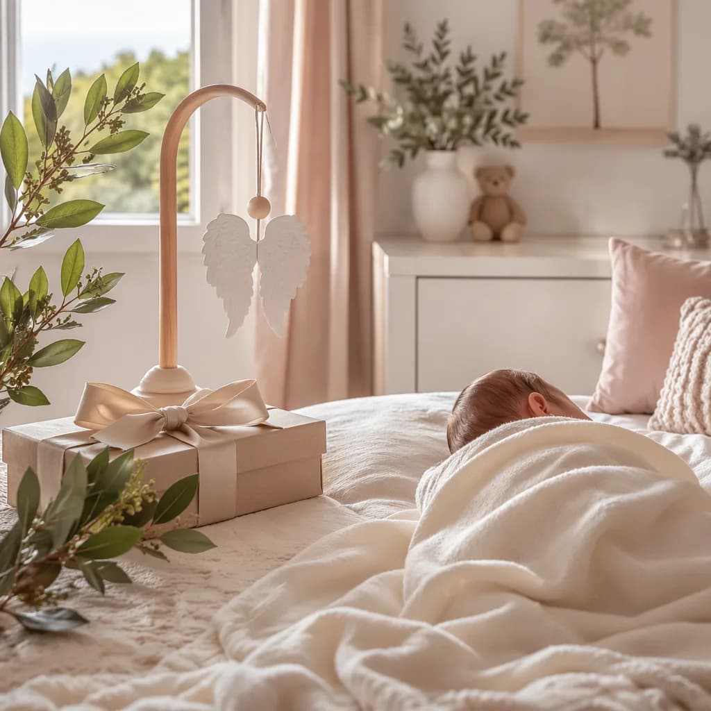 Soft pastel Portuguese nursery with a swaddled sleeping baby, angel mobile, gift box, and gentle greenery.