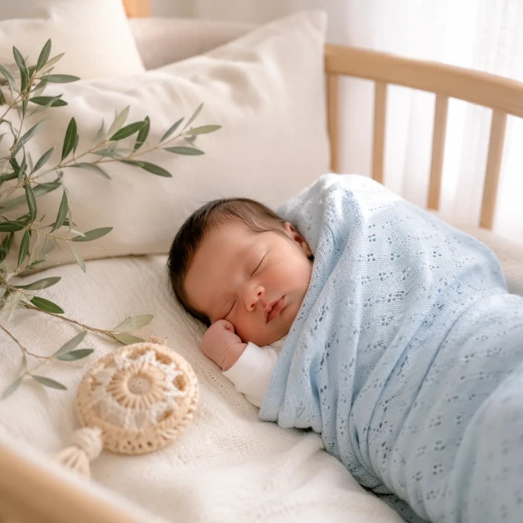 Sleeping newborn in a soft pastel nursery with warm natural light