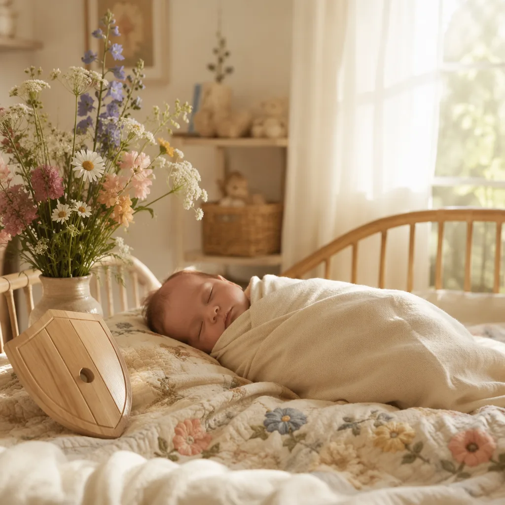 A cozy pastel nursery with a sleeping swaddled baby, wildflowers, and soft morning light.