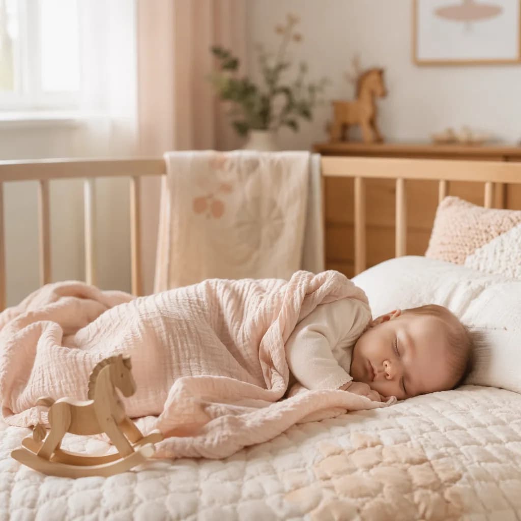 Soft pastel nursery scene with a sleeping baby and gentle strength-inspired details for the name Matilda