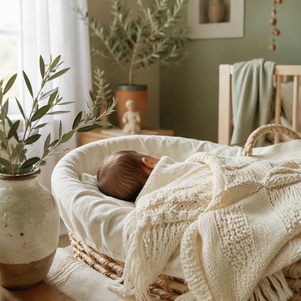 A peaceful newborn in a cozy pastel nursery with soft Italian-inspired details.