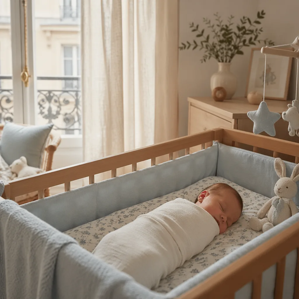 A peaceful newborn in a soft French-inspired nursery with warm pastel light.