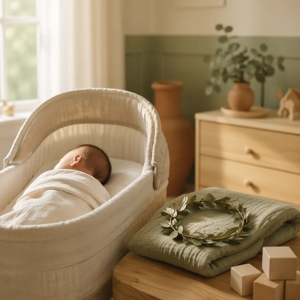 Peaceful baby in a soft pastel nursery with a laurel wreath symbolizing the name Maximiliano.