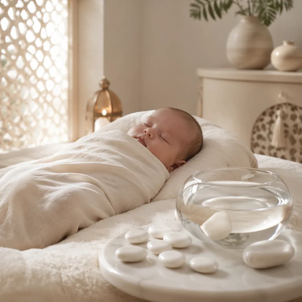 A peaceful pastel nursery scene with a swaddled baby, clear water, and white stones symbolizing purity.