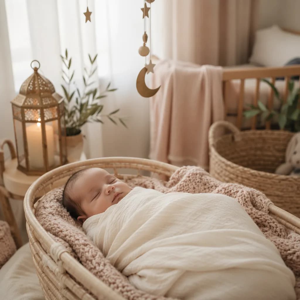 Sleeping newborn in a warm pastel nursery with subtle Arabic-inspired decor.