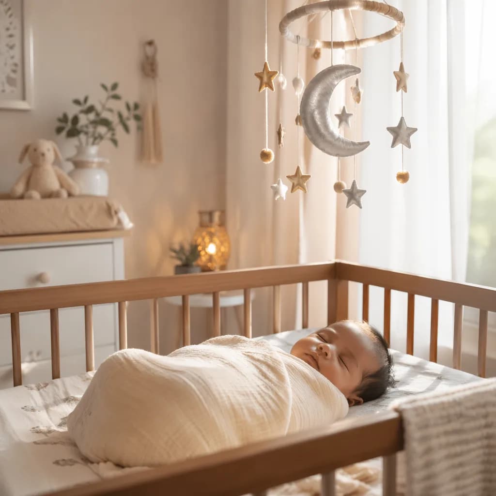 Sleeping swaddled baby in a soft pastel nursery with a moon mobile.