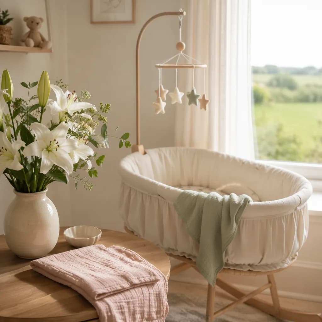 Soft French-inspired nursery with white lilies and pastel baby decor.