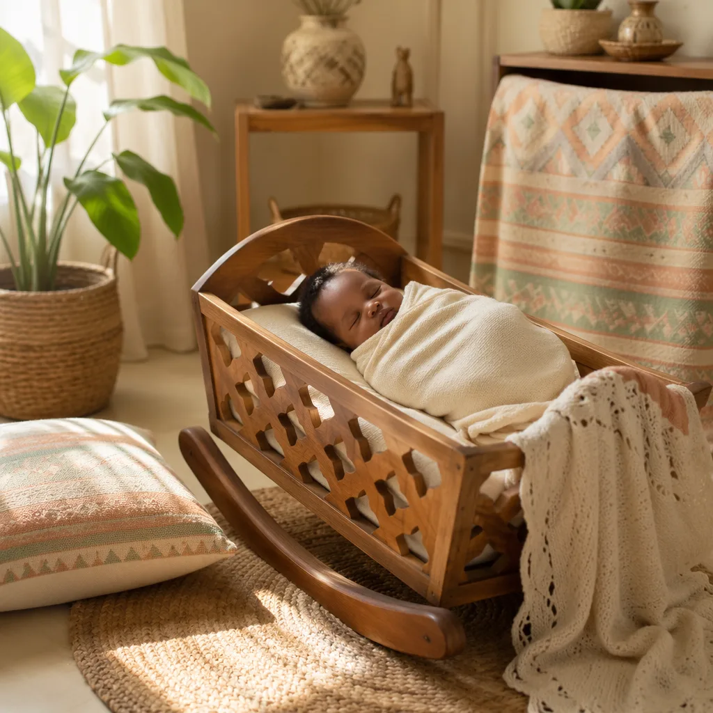 A peaceful Nigerian-inspired nursery with a swaddled sleeping baby in soft morning light.