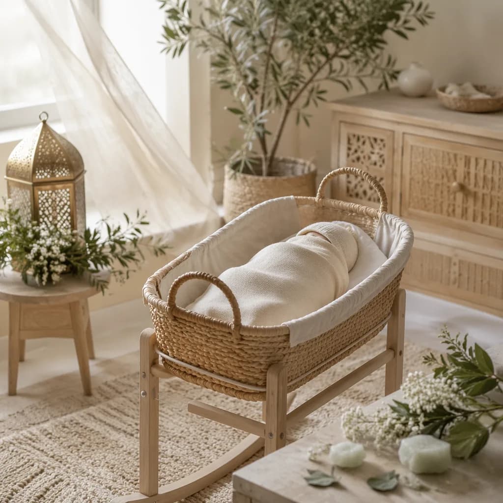 A softly lit pastel nursery with a swaddled baby and delicate Middle Eastern-inspired details.