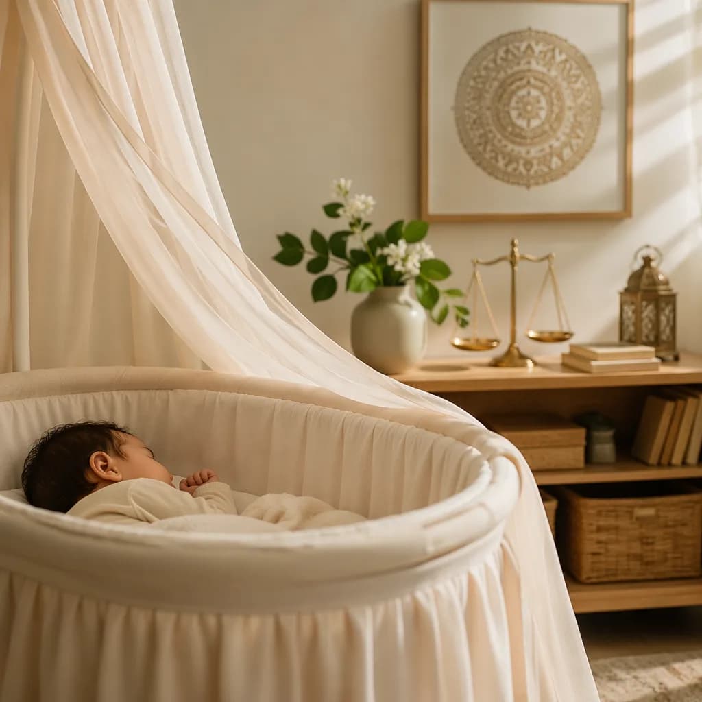 Peaceful Arabic baby in a soft pastel nursery with graceful muslin and delicate greenery.