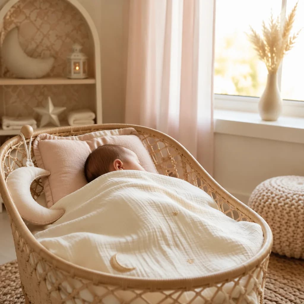 Peaceful baby in a soft pastel nursery with gentle moon-inspired Arabic accents.