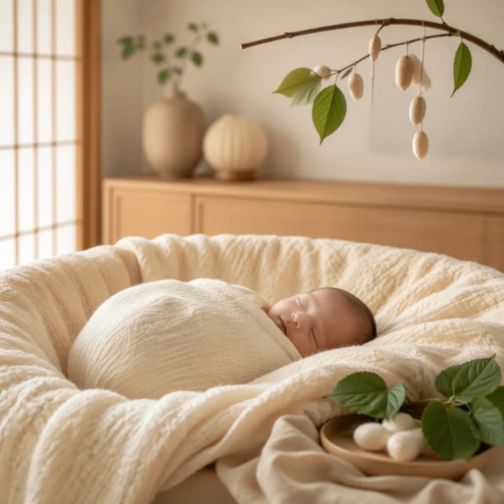 Sleeping baby in a soft Japanese-inspired nursery with gentle cocoon accents.