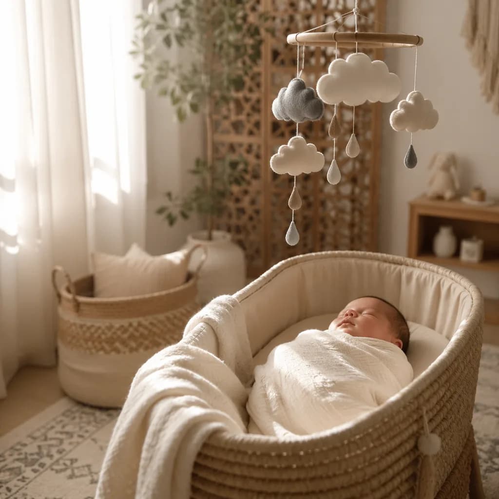 Sleeping newborn in a soft pastel nursery with cloud and raindrop decor.