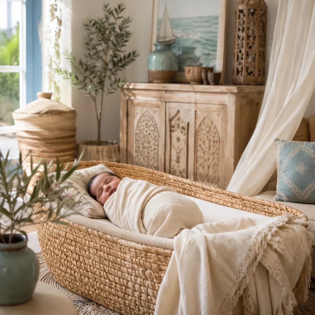 Sleeping newborn in a soft Swahili-inspired nursery symbolizing blessing.