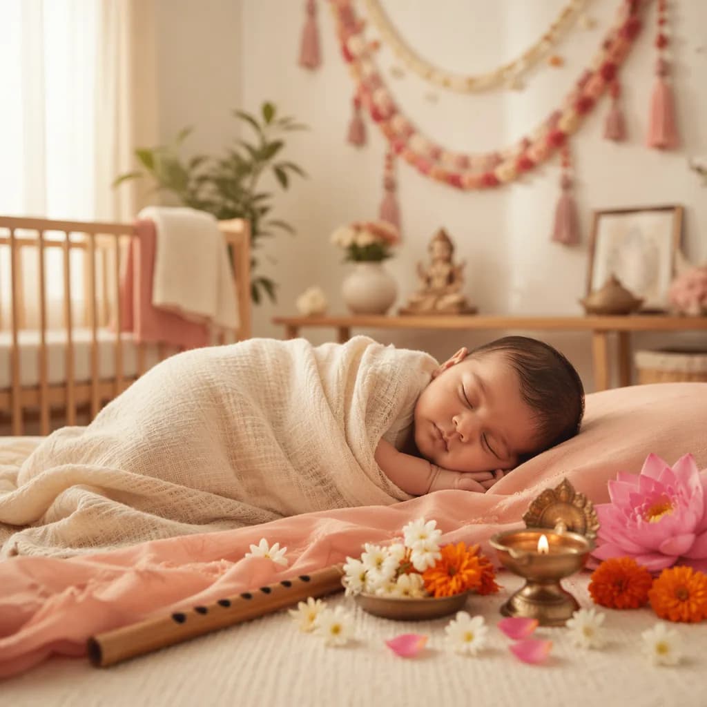 Sleeping baby in a soft pastel Indian-inspired nursery with flowers, flute, and warm natural light.