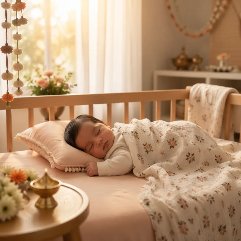 Sleeping newborn in a soft pastel Indian-inspired nursery with gentle morning light.