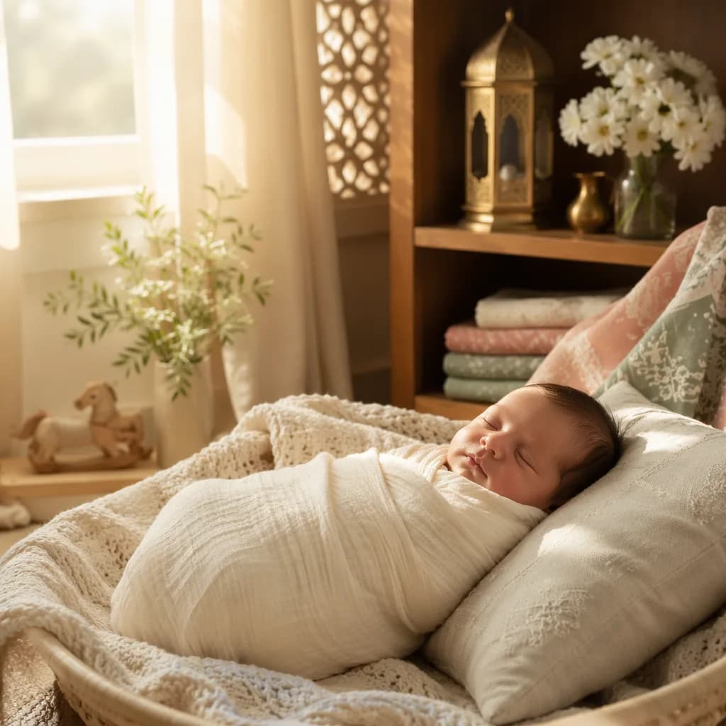 A peaceful newborn in a soft pastel nursery with warm natural light and subtle South Asian-inspired decor.