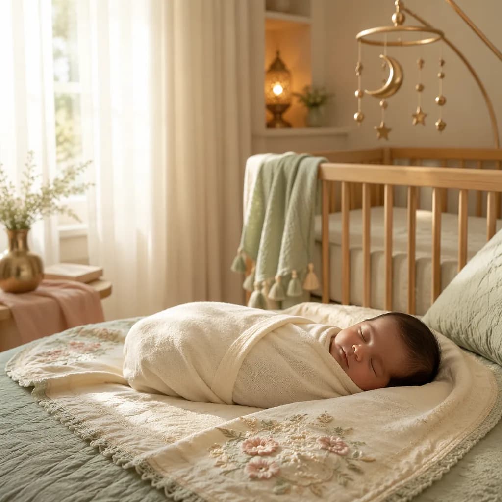 A peaceful swaddled baby in a softly lit pastel nursery with subtle South Asian-inspired details.