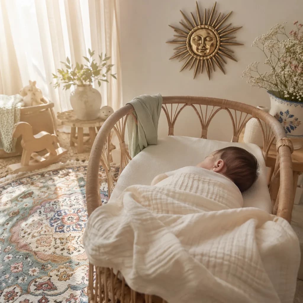 A peaceful Persian-inspired nursery with a sleeping baby in soft natural light.