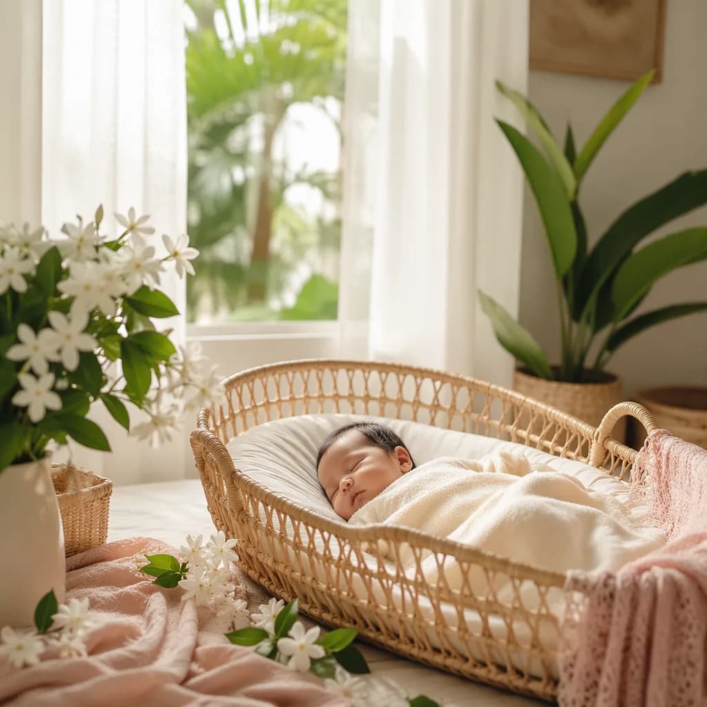 A sleeping Indonesian baby in a cozy nursery with white jasmine flowers and soft morning light.