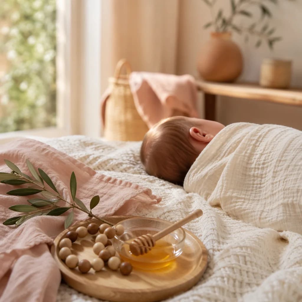 A cozy pastel nursery with a sleeping newborn and honey-toned Greek-inspired accents.