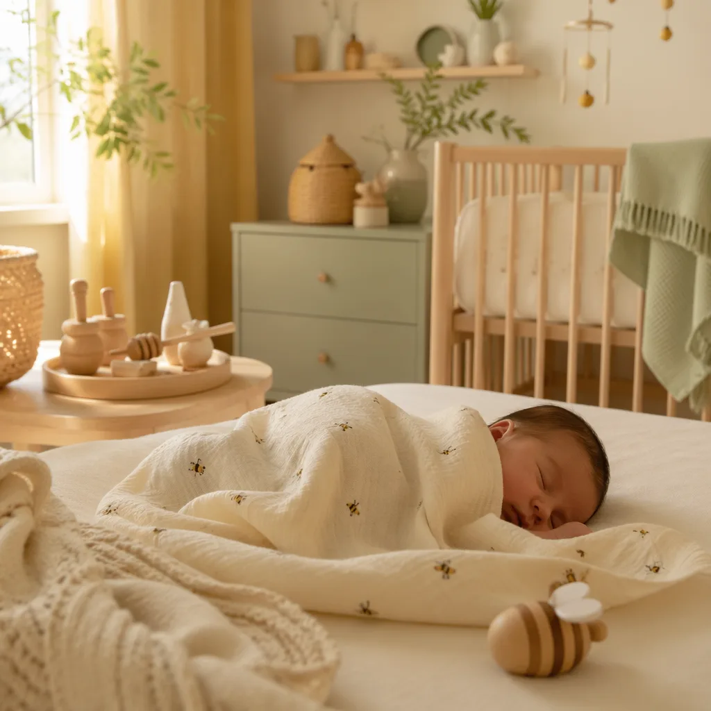 Sleeping baby in a soft pastel nursery with gentle bee and island-inspired accents