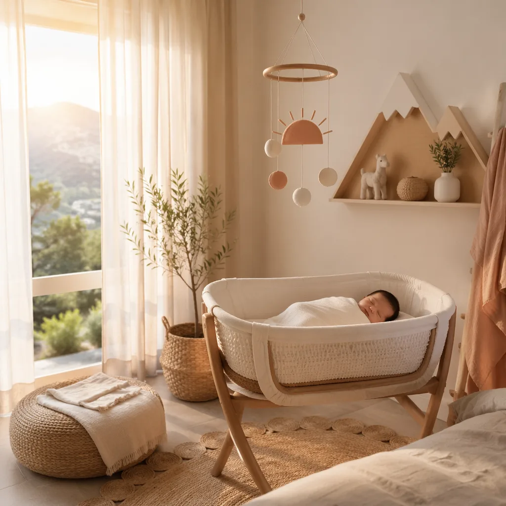 A softly lit nursery at dawn with a swaddled baby and subtle mountain and sunrise decor.