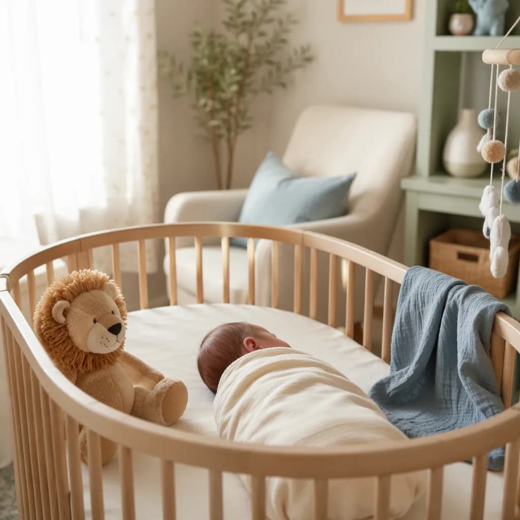 Peaceful Turkish-inspired nursery with a swaddled newborn and soft pastel decor.