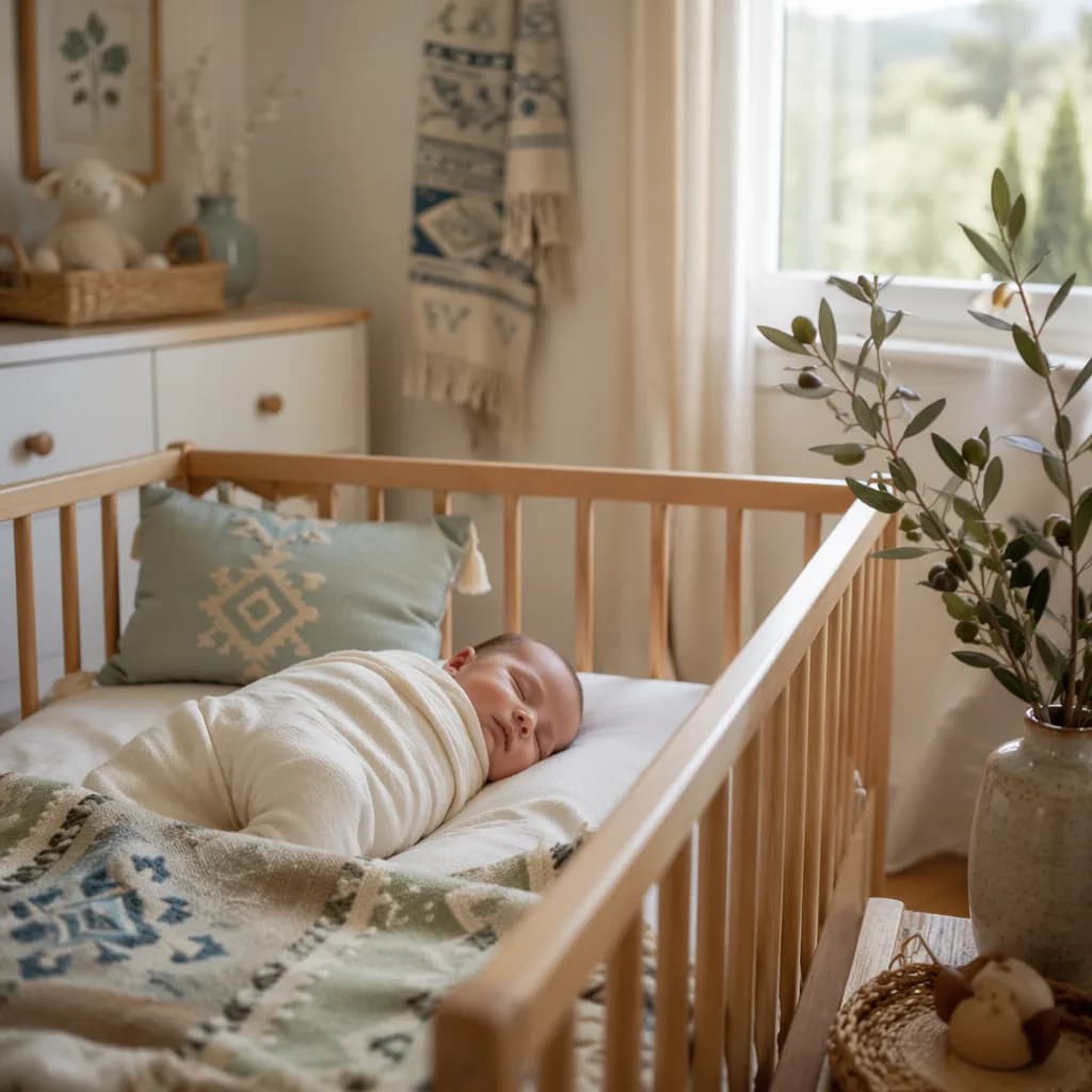A softly lit cozy nursery with a sleeping swaddled baby and subtle Turkish-inspired decor.